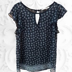 Flutter Sleeved Sheer Blouse In Black With White Detail Size Small